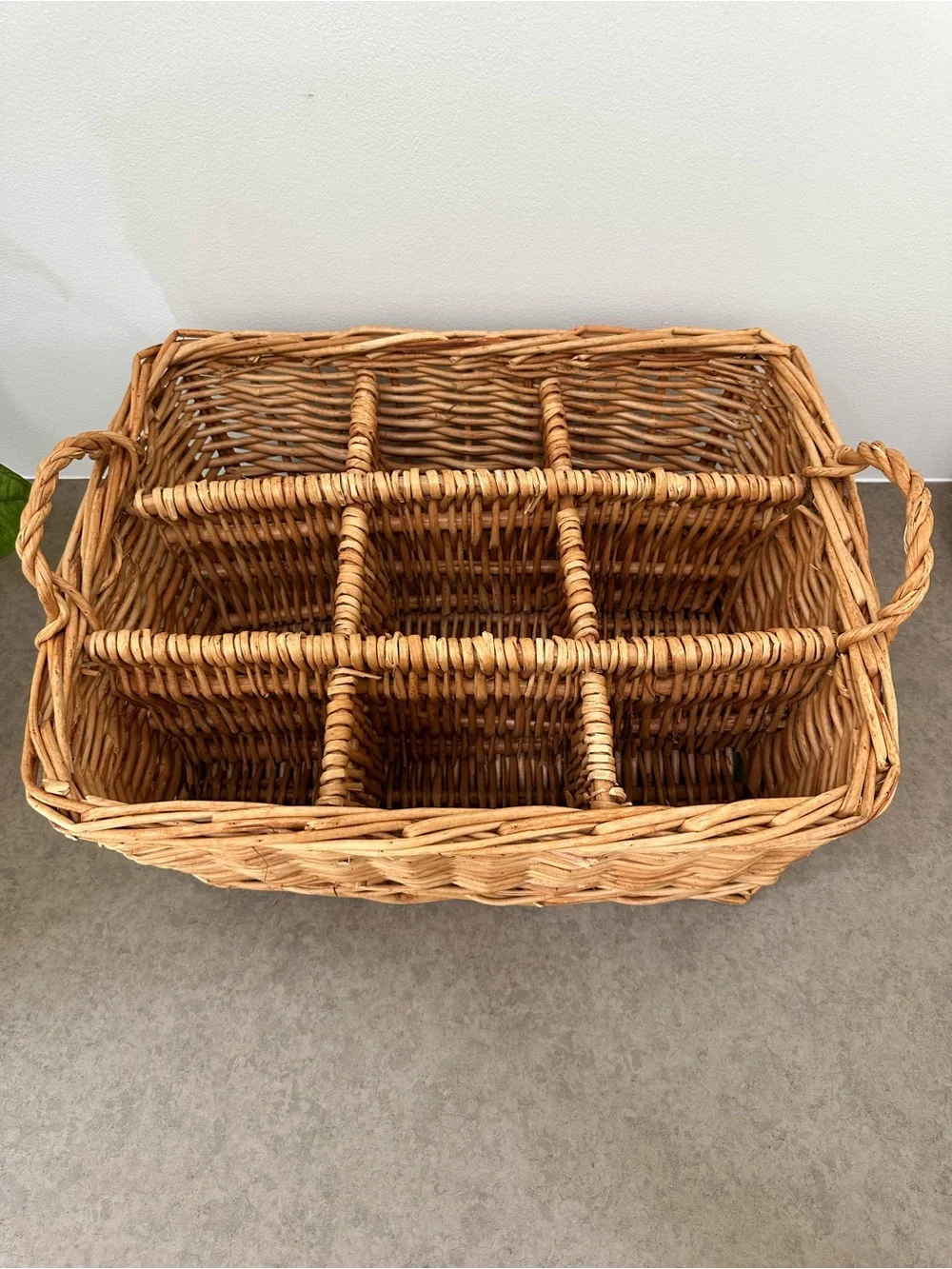 Vintage Woven Rattan Wicker Large Storage Basket 9 Compartments Handles Natural